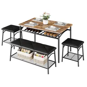 Dining Room Table Set for 4, Metal Frame Kitchen Table Set with Upholstered Bench and 2 Square Stools, 4 Piece Dinette Set with Storage Shelves, Dining Furniture Set for Small Space