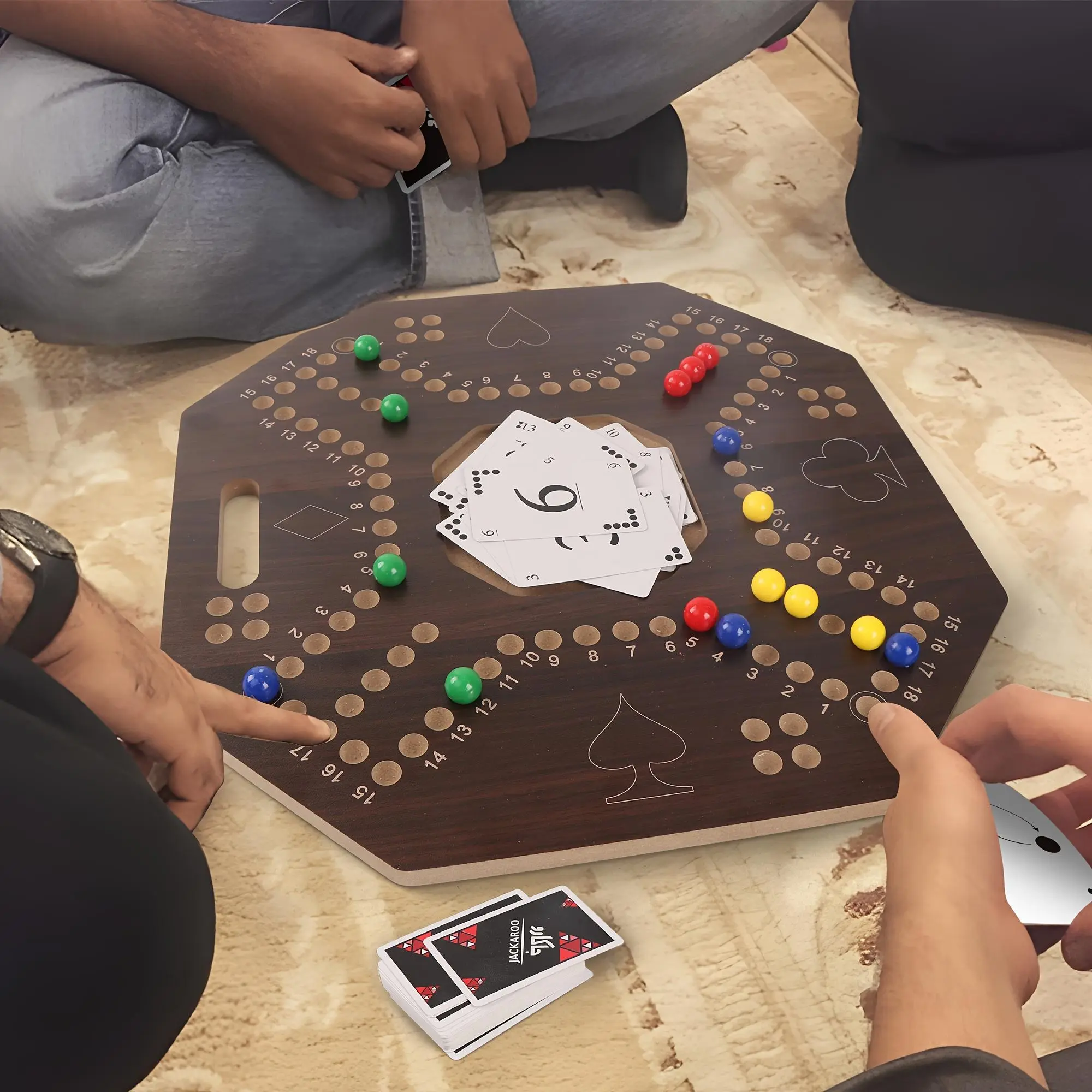 Jackaroo Game, Board Game, 4 Players, Arabic/English Game, Family/Party Games, Strategy Game, Chessboard Is Strong Wooden, Walnut Color, Size: 40×40×1.2cm / 15.8×15.8×0.5 Inch, Bead Color Random