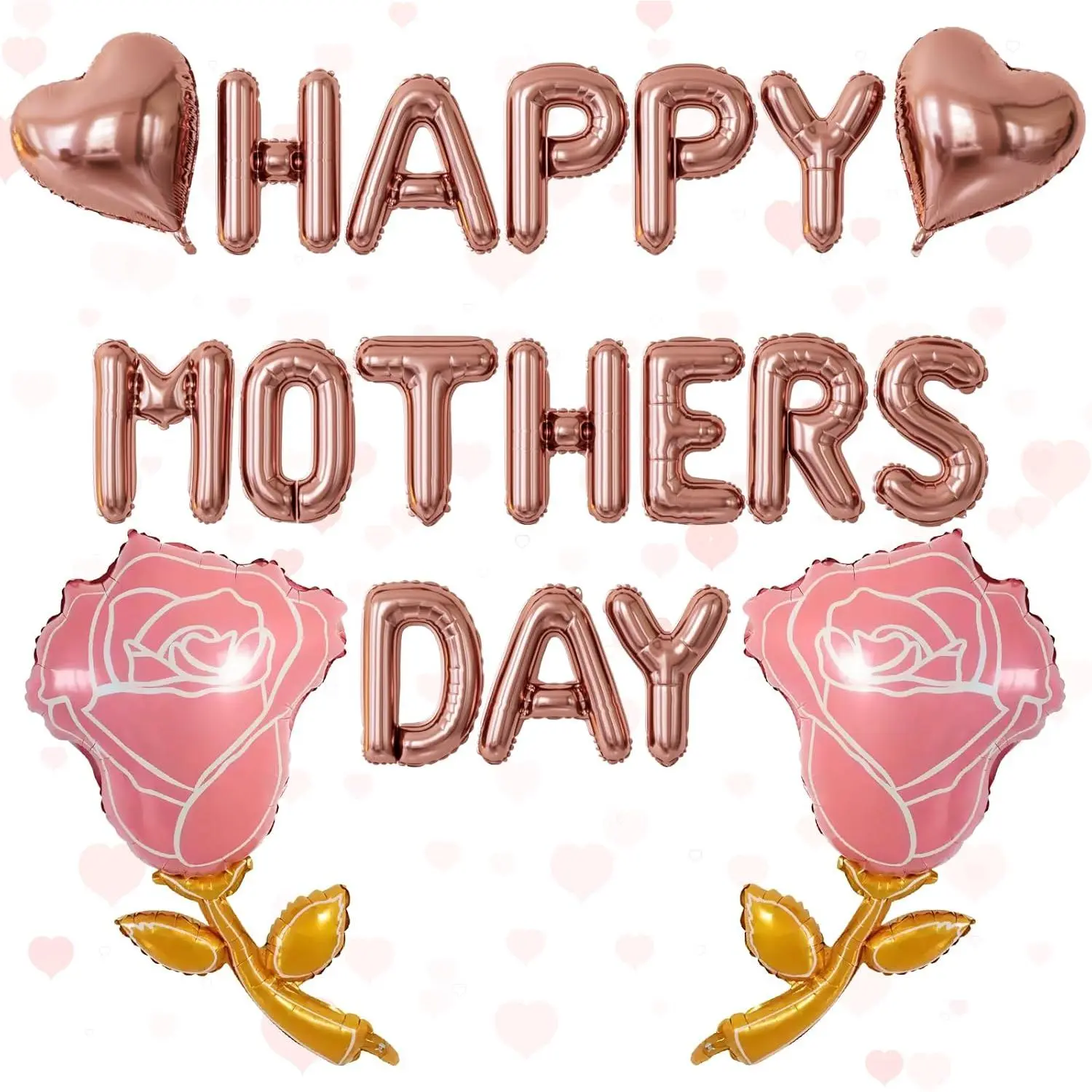 Happy Mothers Day Balloons Banner, Rose Gold Mothers Day Foil Balloons Set with Heart & Rose Balloon, 16 Inch Mother's Day Letter Balloons, Elegant Mother Day Decorations & Gifts for Mom