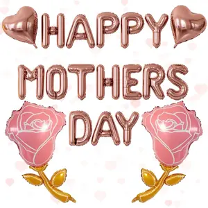 Happy Mothers Day Balloons Banner, Rose Gold Mothers Day Foil Balloons Set with Heart & Rose Balloon, 16 Inch Mother's Day Letter Balloons, Elegant Mother Day Decorations & Gifts for Mom