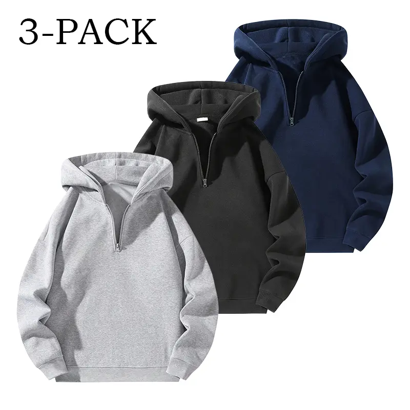 100% polyester half-zip hooded sweatshirt — unisex loose casual pullover for autumn/winter, solid color with half-open front; fully polyester, wrinkle-resistant, comfortable, loose fit, versatile casual top; relaxed half-zip hoodie, loose, 100% polyester