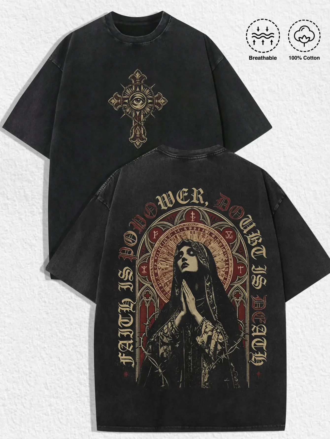 1 piece loose distressed washed graphic T-shirt featuring Gothic church arch window, carved cross pattern, and Virgin Mary praying hands print; unisex, suitable for all seasons; ideal for Christian believers, religious worship, beach vacations, Y2K summer