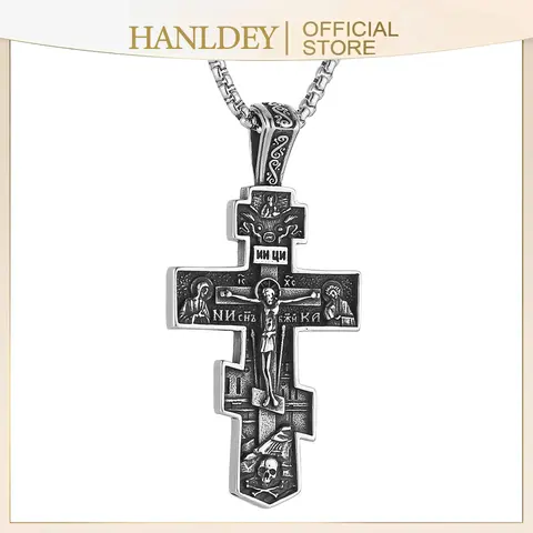 Eastern Orthodox Cross Chain Necklace - Retro Gilt Crucifix Byzantine Faith Pendant, Stainless Steel Faith-Based Fashion Jewelry, Religious Anniversary Gifts Adults for Men