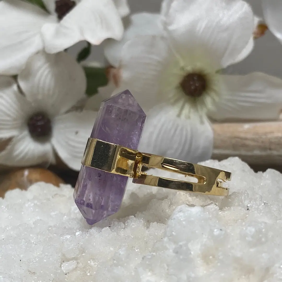 Polished Double Terminated Adjustable Amethyst Ring