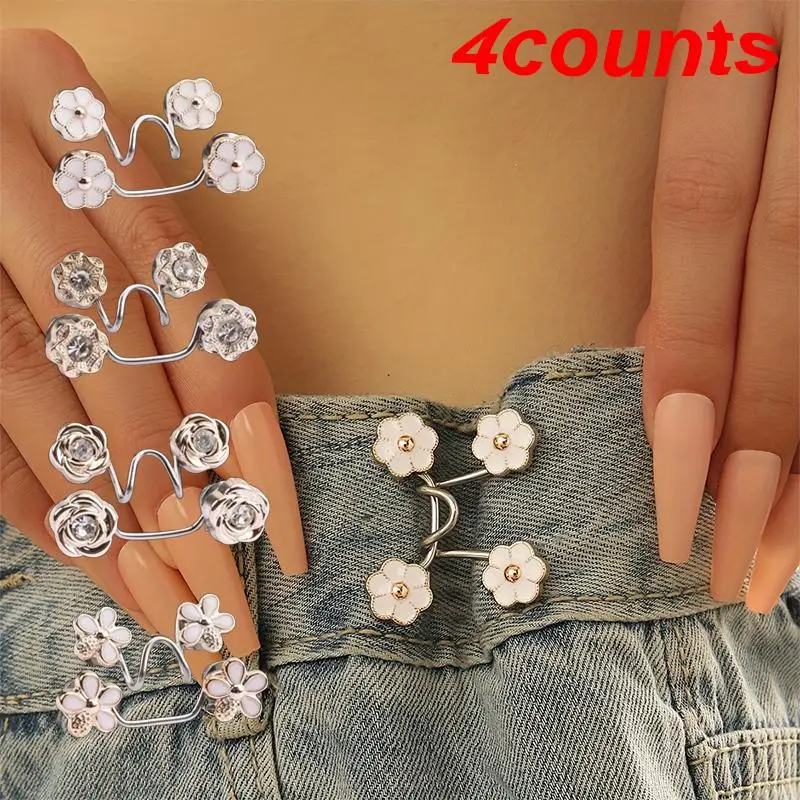 Flower Design Waistband Tightener, 4 Counts Adjustable Detachable Pants Waistband Button Cinch Clips, Flower Brooch, Durable Metal Pins, Sewing & Knit