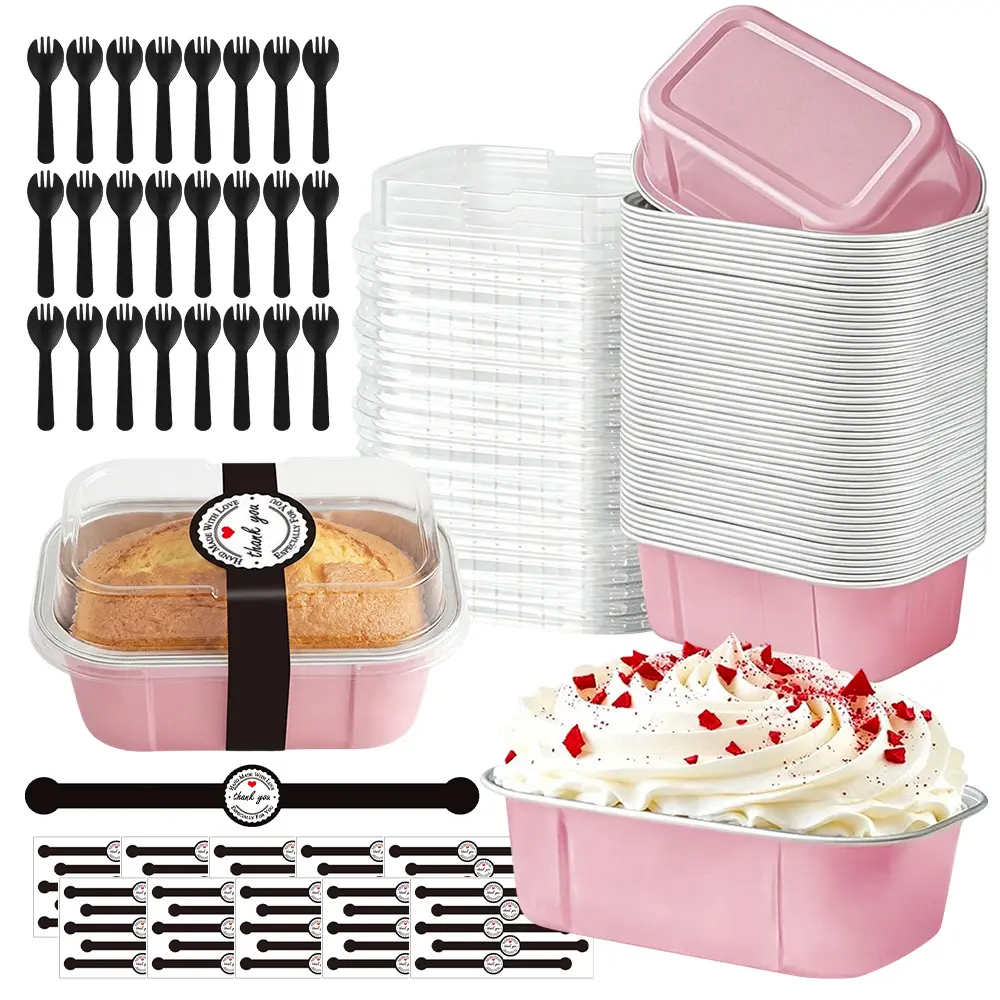 50 Packs 5.5 oz Rectangle Mini Individual Cake Tins with Lids and Spoons & Stickers, Disposable Small Aluminum Foil Baking Loaf Pans Perfect for Family and Outdoor Use