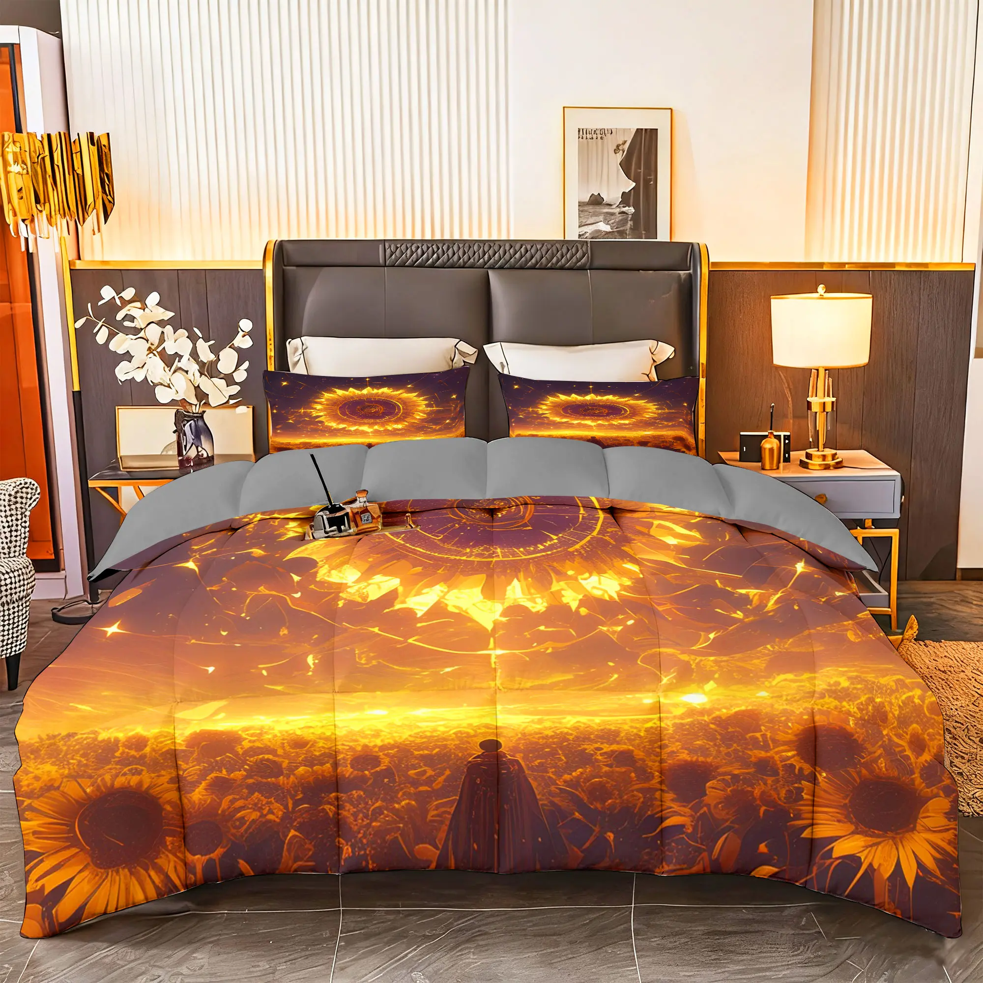 3pcs (1 comforter + 2 pillowcases) Microfiber Bedding Set, All-Season Soft & Cozy, Hypoallergenic, Wrinkle & Fade Resistant, Easy-Care, Queen/King/Full Size, Stunning Sunflower & Starry Night Pattern, Premium Durable Fabric for Bedroom, Guest Room, H