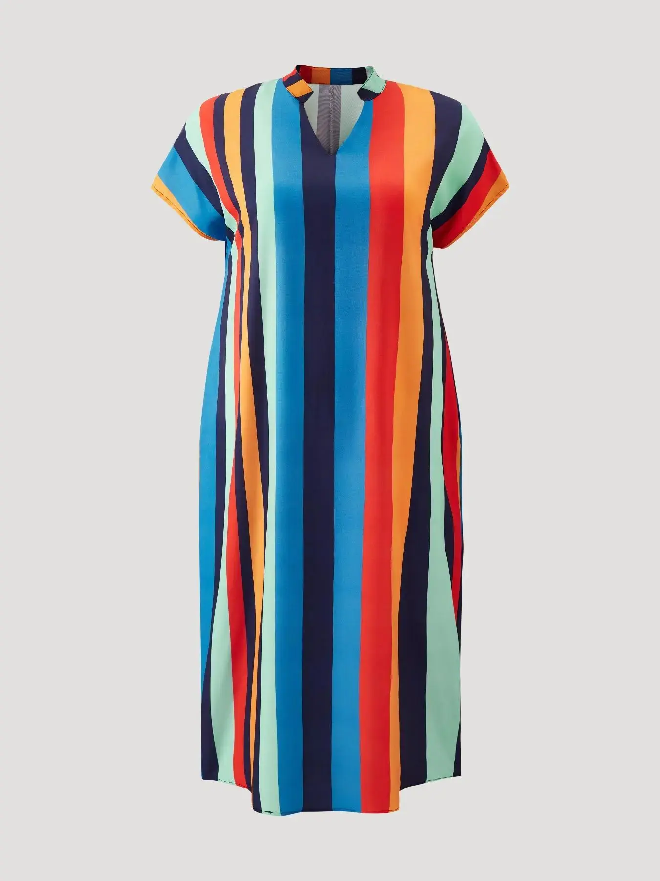 [Plus Size] Striped Print Pocket Notched Neck Shortsleeve Tunic Dress, Lady Elegant Casual Comfort Batwing Sleeve Short Dress for Summer, Moo Moo Dresses, Women's Clothing