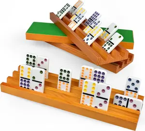 Queensell Domino Holders for Classic Board Games - Wooden Domino Racks Set of 4 - Mexican Train Dominoes Accessories - Domino Trays for Tiles Family Games (Large)
