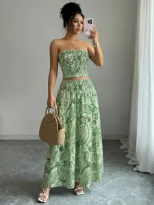 Printed Sleeveless Crop Top + High-Waisted Long Skirt Matching Set, Boho Style Loose-Fitting Geometric Pattern, Casual Beach Vacation Dress