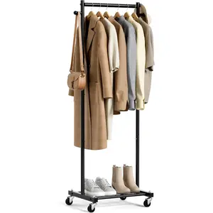 Small Clothes Racks for  Clothes Clothing Rack with Wheels 60" Metal Garment Rack with Shelves Portable Rolling Wardrobe Rack for Small Space, Black