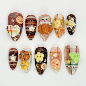 Kawaii 3D Cat Press On Nails | Cute Autumn Plaid Nails | Cat & Plaid 3D Nail Set | Handmade Kawaii Nail Set | Autumn Inspired