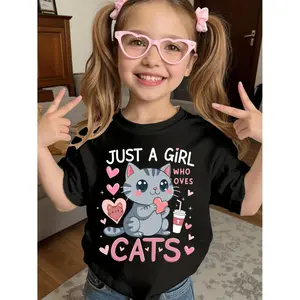 Girls Summer Short Sleeve T-Shirt with "Just a Girl Cats" Letter Print Round Neck Design Ideal for Casual Wear Playdates and Outings
