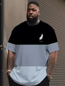 Men's Plus Size Colorblock 3D Digital Cartoon Feather Print T-Shirt, Summer Outdoor Casual Sportswear, Athletic Fashion Activewear, Breathable Knit Fabric, Athletic Tee