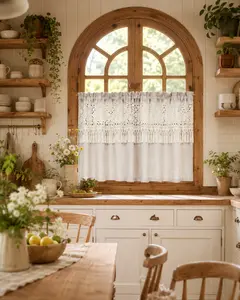 Boho Crochet Linen Kitchen Curtain Valances for Small Window Vintage Macrame Valances with Tassels for Dining Room Living Room Farmhouse Rustic Crochet Curtain Valance Rod Pocket 1 Panel