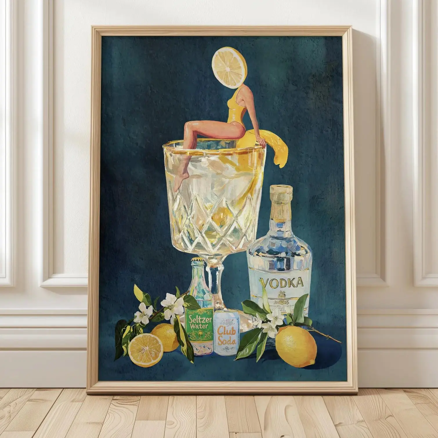 Lemon Vodka Bubble Water Art Print Poster, Refreshing Cocktail Wall Decor, Ideal for Bar Carts and Kitchen Decoration