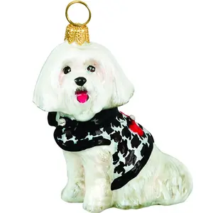 Joy to the World Maltese in Hounds Tooth Sweater Polish Glass Christmas Ornament