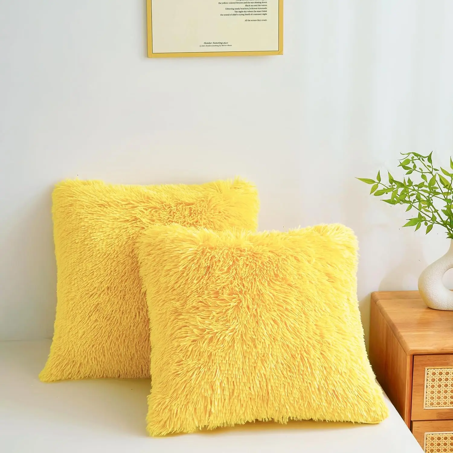 Fluffy Throw Pillow Covers Yellow 18"x18" Faux  Furry Cushion Covers Shaggy Plush Fuzzy Pillow Cases Decorative Pillow Shams with Zipper Set of 2 for Sofa Living Room Bedroom Interior