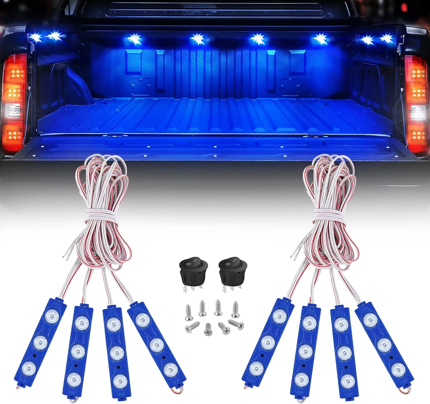 Nilight 8PCS 24-Bright Blue LED Tailgate Light Strips Kit with Tailgate Light Bar for Trucks - IP67 Rated, Off-Road Compatible, Switch Included, Tape/Screws, RV Undercarriage Automotive Accessories, Truck Accessories, Rock Lights