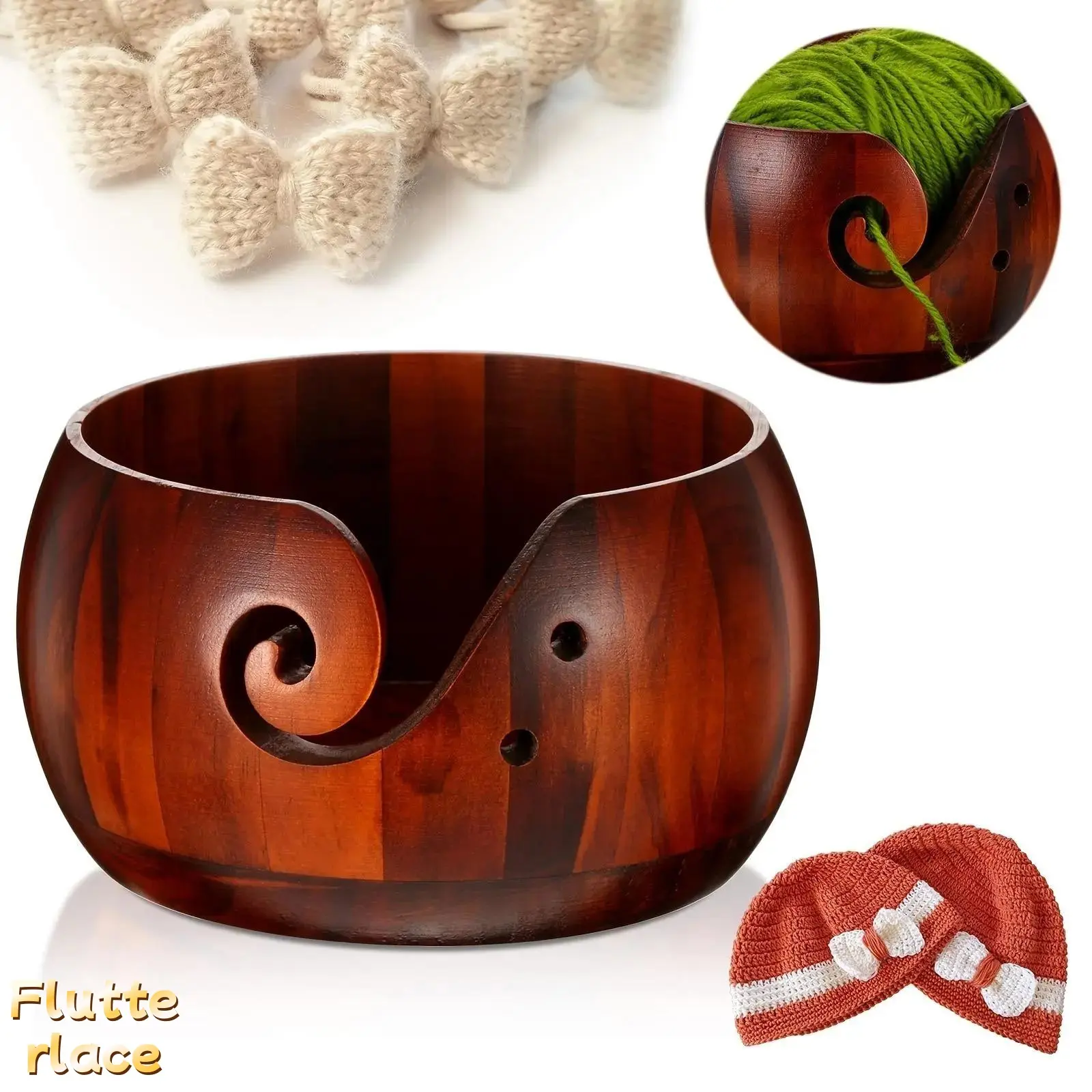 Handmade Polished Finish Wooden Round Bowl - Anti-Tangle Yarn Holder Organizer, Diy Knitting Supplies Handicraft for Home Crafting, Creative Gift for Knitters & Crocheters, Curved Slot
