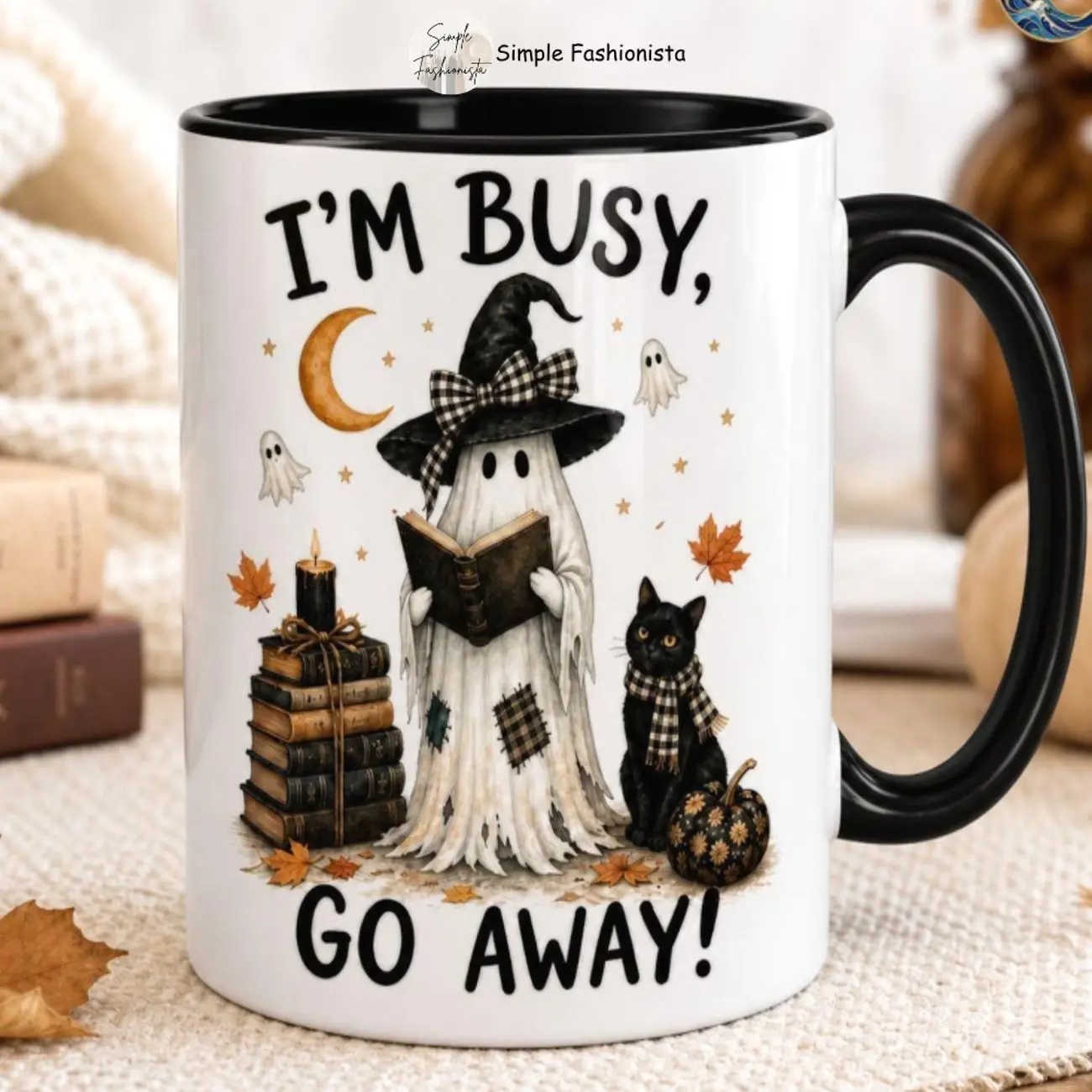 Im Busy Go Away Ghost Mug, Book Lover Halloween Coffee Mug, Black Cat Witch Gift, Funny Spooky Reader Mug