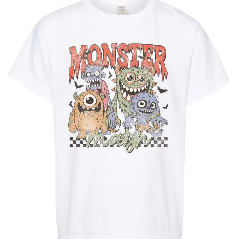 Monster Mash Tee - White T-Shirt with Colorful Monster Graphic Design and Text "MONSTER mash"