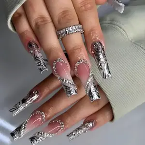Long Press on Nails Square - Silver French Tip Fake Nails with Heart Design - Rhinestone, Elegant Full Cover Stick on False Nails - for Women 24 Pcs CTTHNBD-001