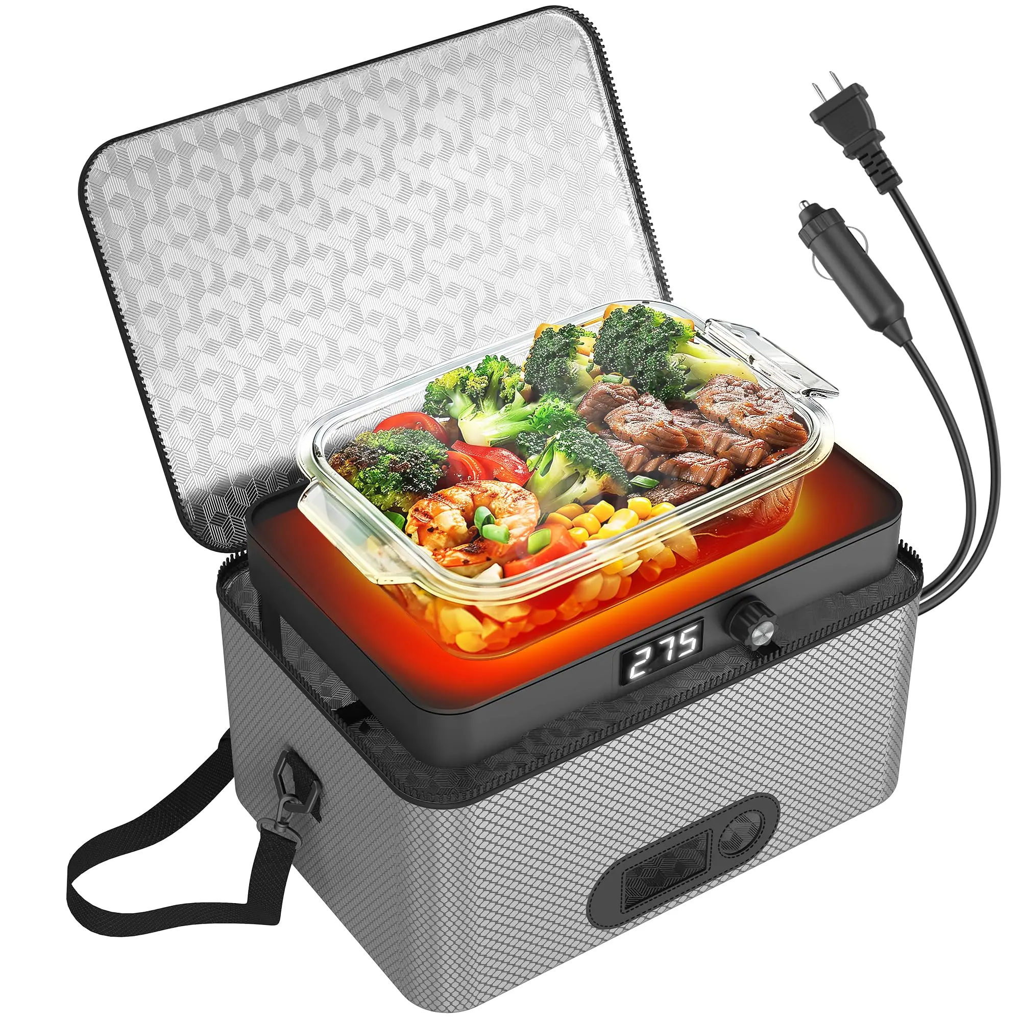 Portable Oven  12v 24v 110v-240v Car Food Warmer Personal Mini Electric Heated Lunch Box For Meals Reheating & Cooking Road Trip/camping/picnic/family Gathering(gray)