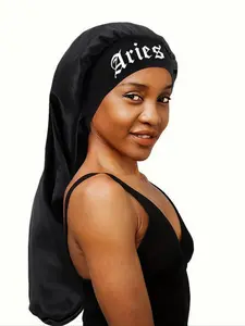 Letter Print Satin Sleep Bonnet, Wide Band Sleep Braids Long Bonnet, Soft Touch Sleeping Bonnet Cap with Wrap Band, Make Up Washing Face Daily Use Bonnet, Hair Care Cap