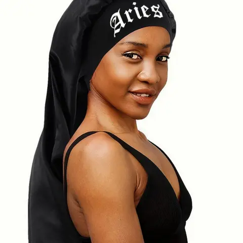 Letter Print Satin Sleep Bonnet, Wide Band Sleep Braids Long Bonnet, Soft Touch Sleeping Bonnet Cap with Wrap Band, Make Up Washing Face Daily Use Bonnet, Hair Care Cap, Bonnets for Sleeping