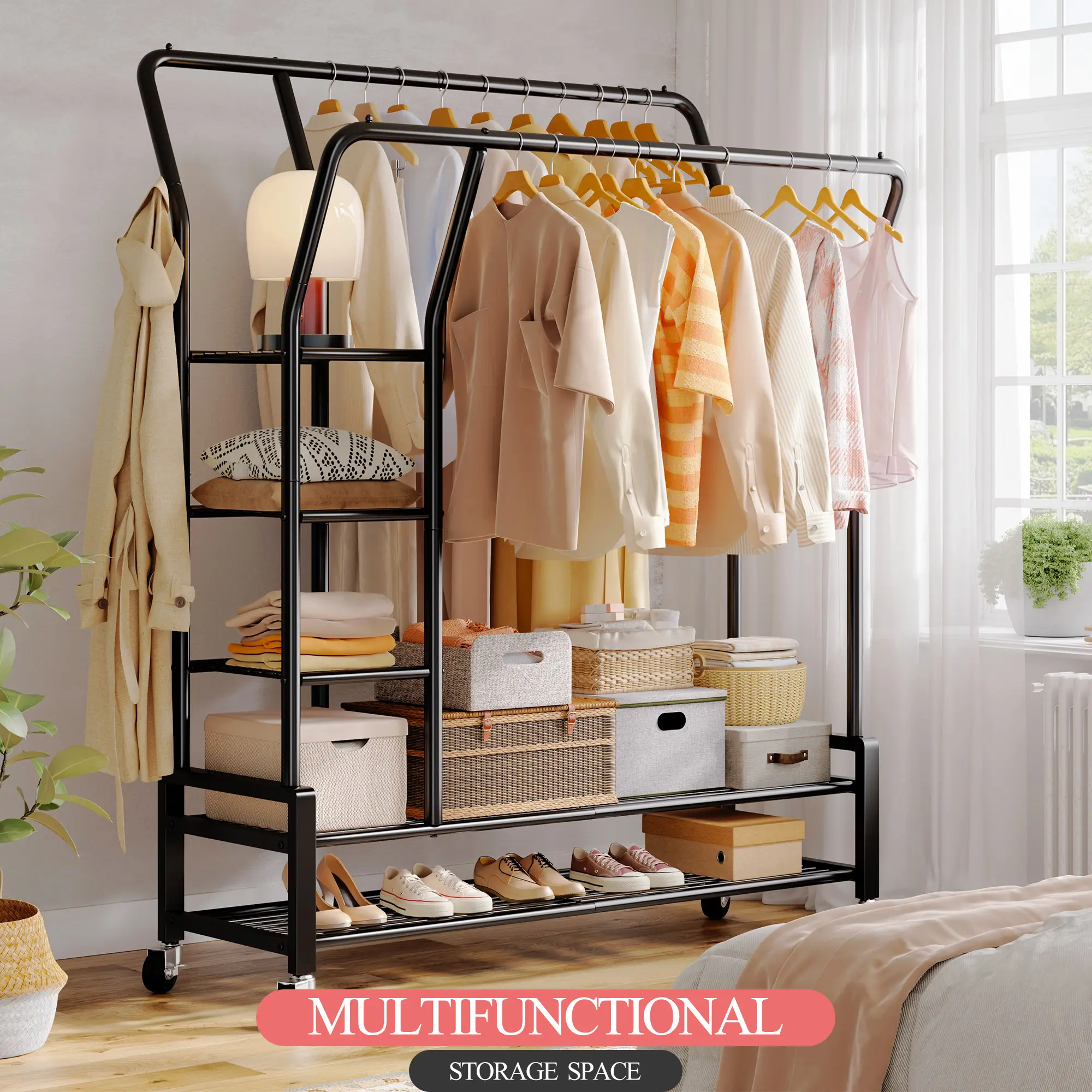 Raybee Furniture Clothing Rack with Shelves &Double Hanging Rods, Portable Clothes Rack with Wheels, Rolling Garment Rack, HangingClothing racks Hold