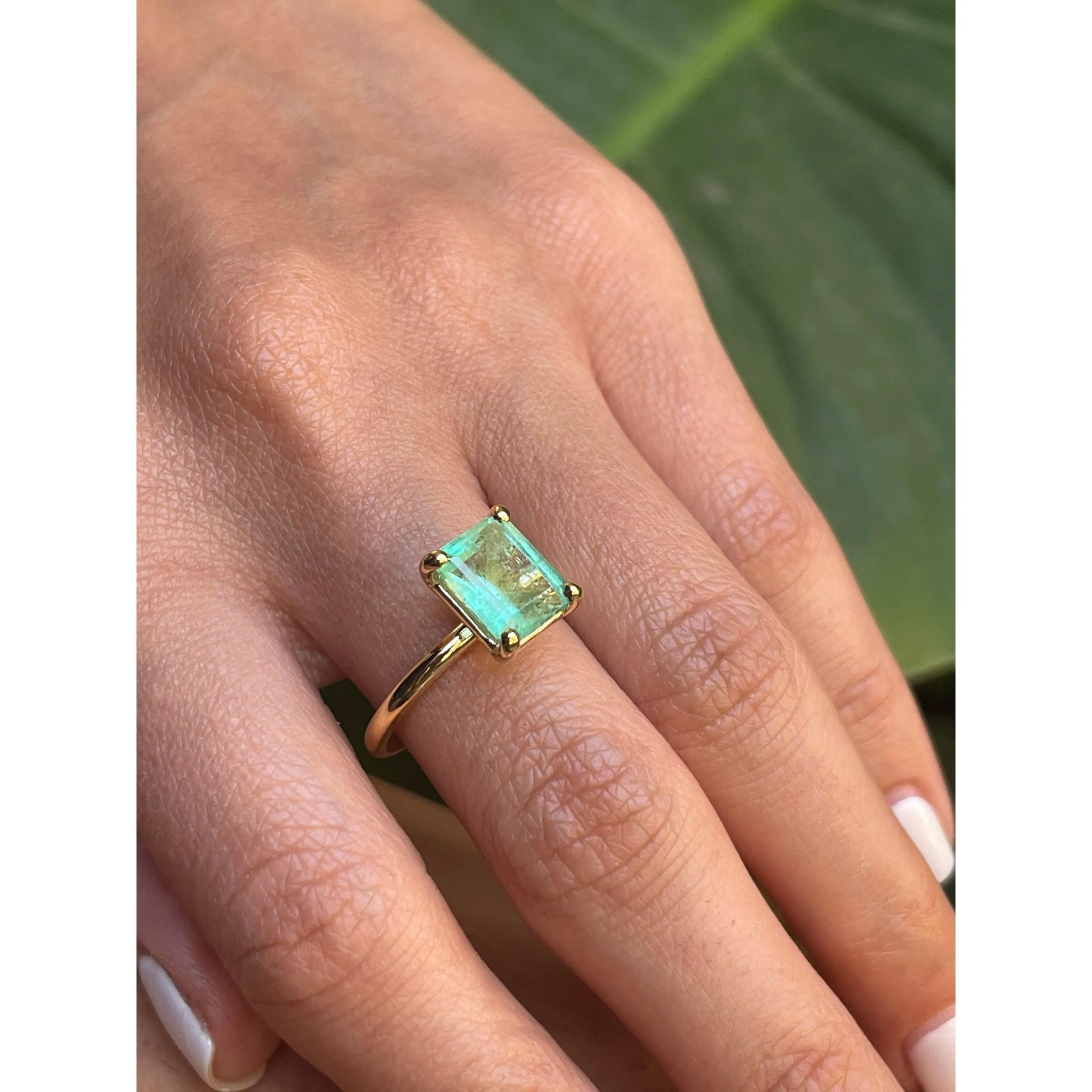 Natural Colombian Light Green Emerald Cut Emerald Solitaire Ring in 14k Solid Gold