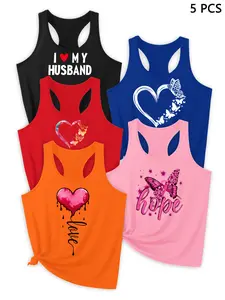2026 Trendy Heart Letter Print Tank Tops, Outdoor Sports Wear, Deep Blue Set, Casual Summer Yoga Shirts, Yoga Sports Vest, Sleeveless Sports Vest, Yoga Workout Vest