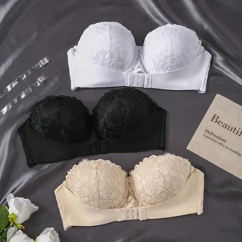 Women's Floral Lace Push Up Bandeau Bralette Bra with Transparent Strap, Soft Comfortable Breathable Buckle Front Casual Chic Everyday Bra, Lingerie Underwear for All Seasons, Push Up Bralettes
