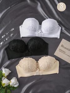 women's floral lace push up bandeau bra with transparent strap, elegant soft comfortable breathable buckle front bra, lingerie for all seasons, wirefree bra