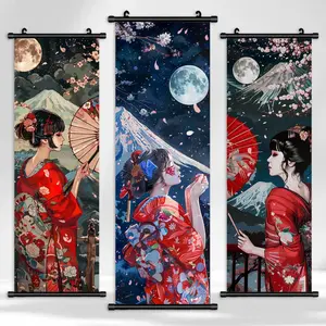 Geisha in The Moonlight Pattern Wall Art, 3 Counts/set Canvas Poster, Exquisite Mural, Perfect Living Room Decor, Family Decoration, Bedroom Decoration