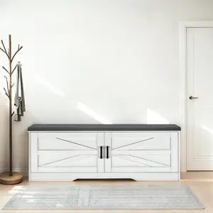 Farmhouse Storage Bench with Padded Seat – 2-Tier, 2 Barn Doors, 2 Adjustable Shelves. Holds 8-12 Pairs of Shoes. Perfect for Entryway, Bedroom or Living Room