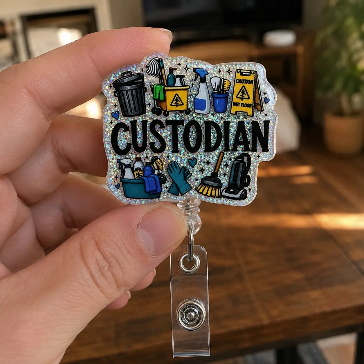 Badge Reel for Custodians, Custodian Bold Print Silver Glitter Acrylic ID Holder, Retractable Clip School Cleaning Crew Appreciation Gift