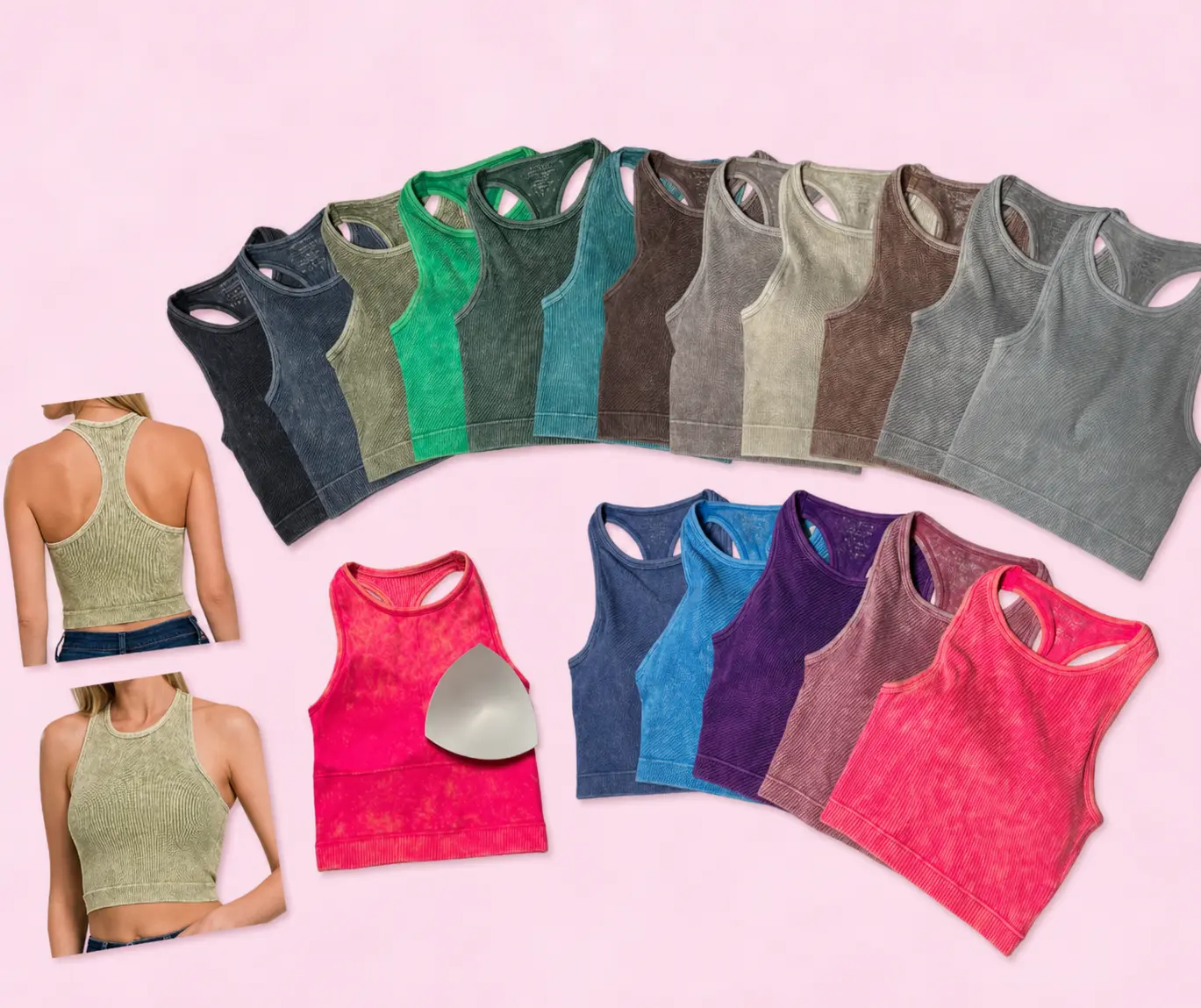 Ribbed Racerback Mineral Washed Crop Tank Top Bralette with pads 6190 by Zenana, rounded neckline, Soft stretchy Comfy with removeable padding