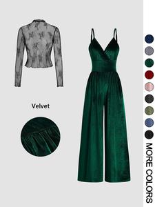 Women's Solid Color Lace Tee & Pocket Jumpsuit Two-piece Set, Elegant Fashion Casual Zipper Back Cami Jumpsuit & Long Sleeve Top for Daily Outdoor Wear, Women's Clothing for Spring & Fall  Breathable High Waist Overalls Ribbed Soft