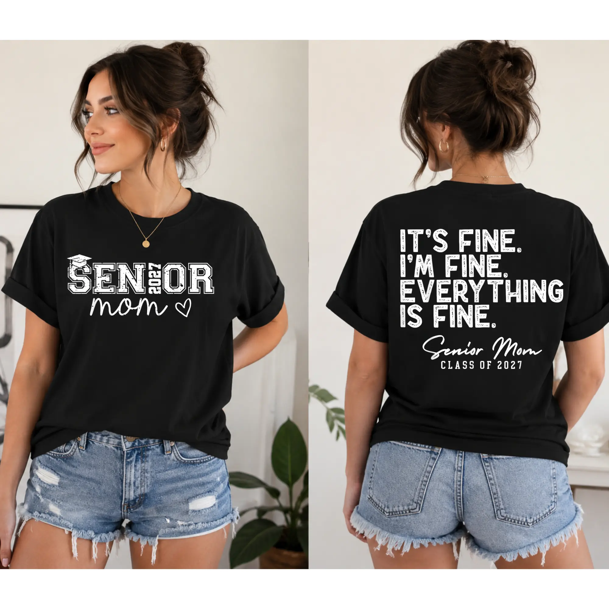 Senior Mom 2027 T-Shirt, I'm Fine Everything Is Fine Graphic Tee, Class of 2027 Mama Shirt, Graduation Gift