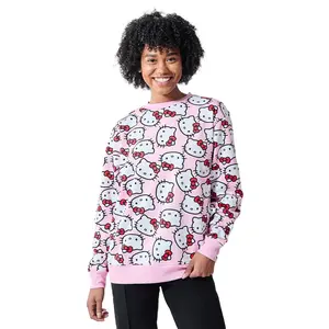 Hello Kitty Character Heads All-Over Print Women's Pink Crew Neck Long Sleeve Sweatshirt-Small