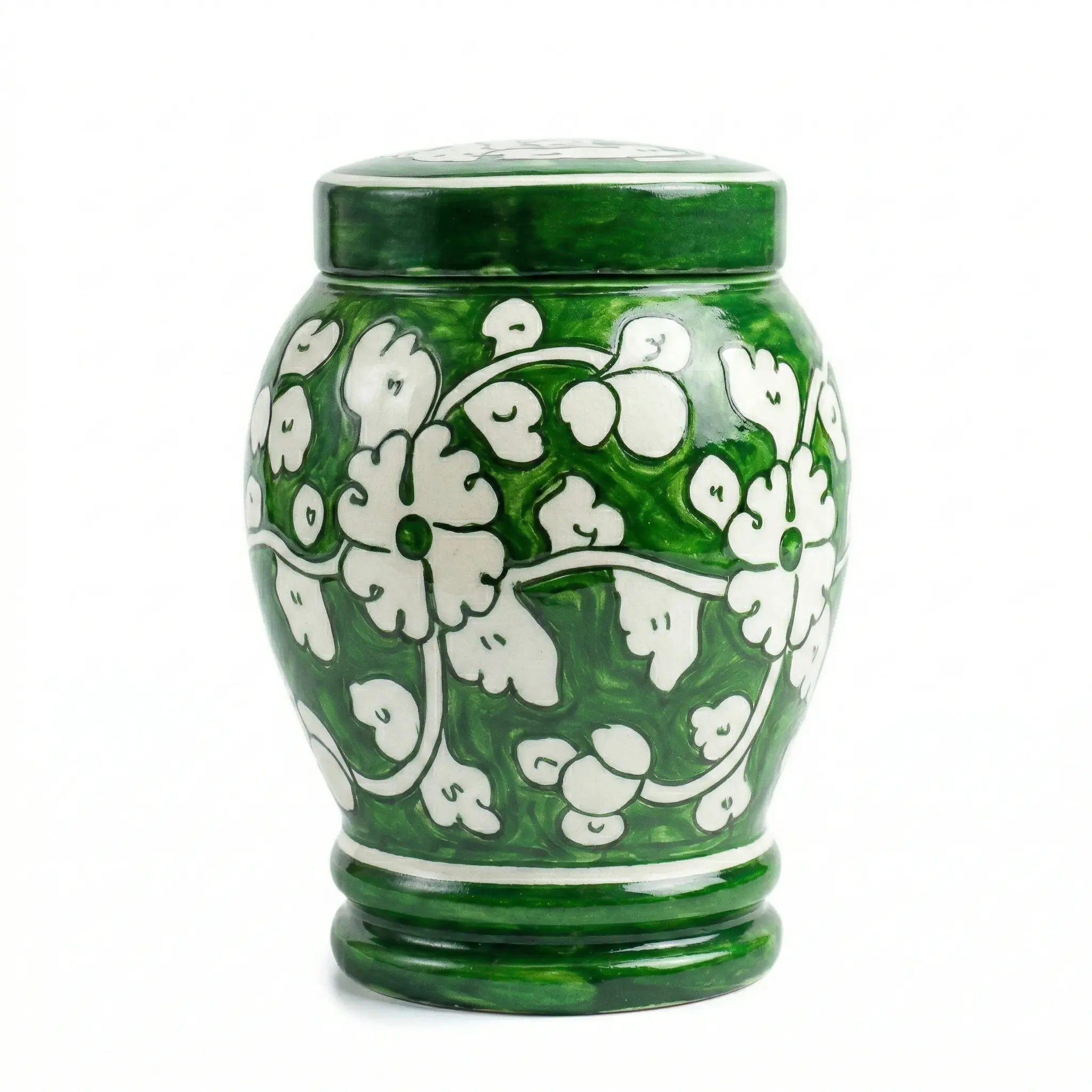 Hand-Painted Green Floral Pottery Vase – Handmade Ceramic Art Vase – Botanical Home Décor – Premium Artisan Piece