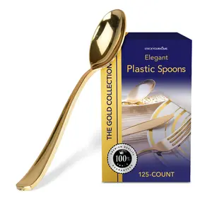 Plastic Spoons 125 Pack Disposable Cutlery, Heavy Duty Flatware, Plastic Silverware Set for Catering Events, Parties, Dinners, Weddings, Receptions and Everyday Use (Gold)