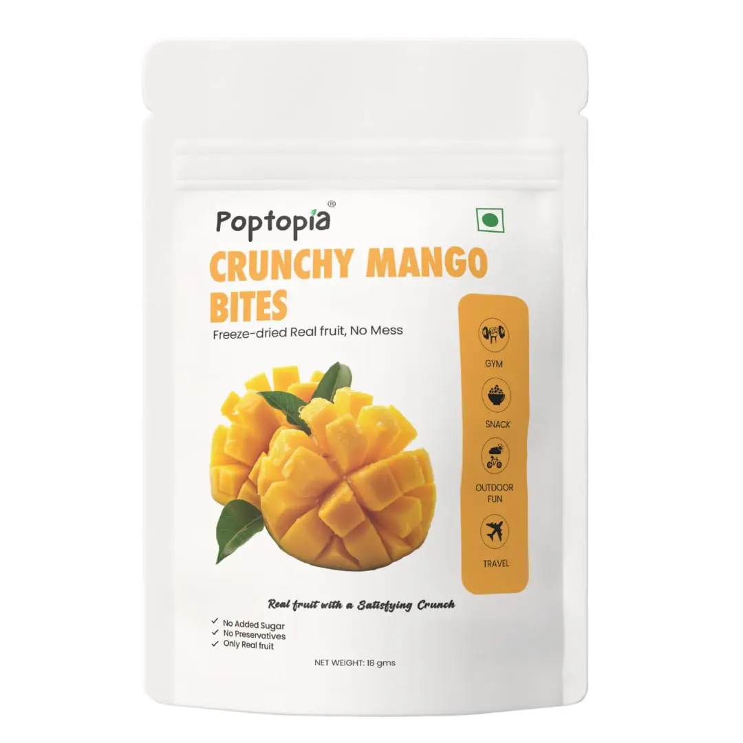 Poptopia Crunchy Freeze Dried Mango Bites 18g, Real Fruit Snack, No Added Sugar, Vegan, Gluten Free, Naturally Sweet Tropical Crispy Snack