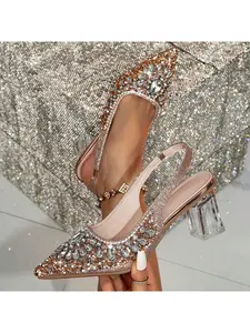 2026 Large Size 43eu Women's Formal Shoes, Sparkling Rhinestones Pointed Toe High Heels, Elastic Strap Backless Sandals, Perfect for Parties and Weddings