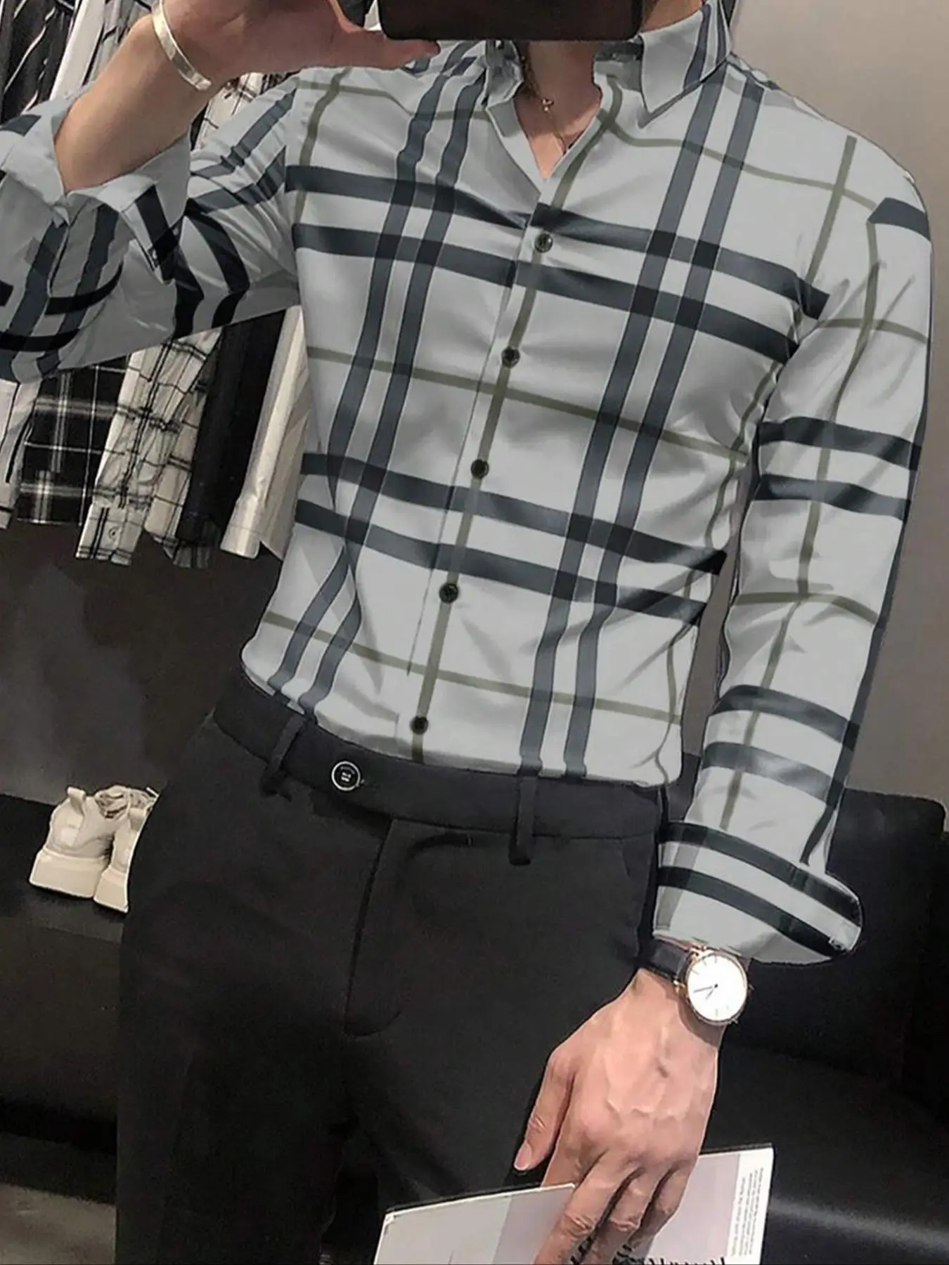 Men's Regular Fit All Over Plaid Print Button Shirt, Casual Comfy Long Sleeve Collared Top for Work Office Business, Menswear for All Seasons
