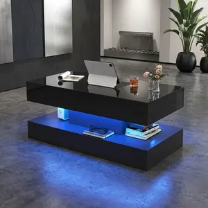 39.4/47.2 Inch Lift Top Coffee Table, High Gloss Marble Style Center Table with LED Ambient Light, Built-in Charging Station, Hidden Storage Compartment Multifunctional Lifting Desk for Living Room Home Decor