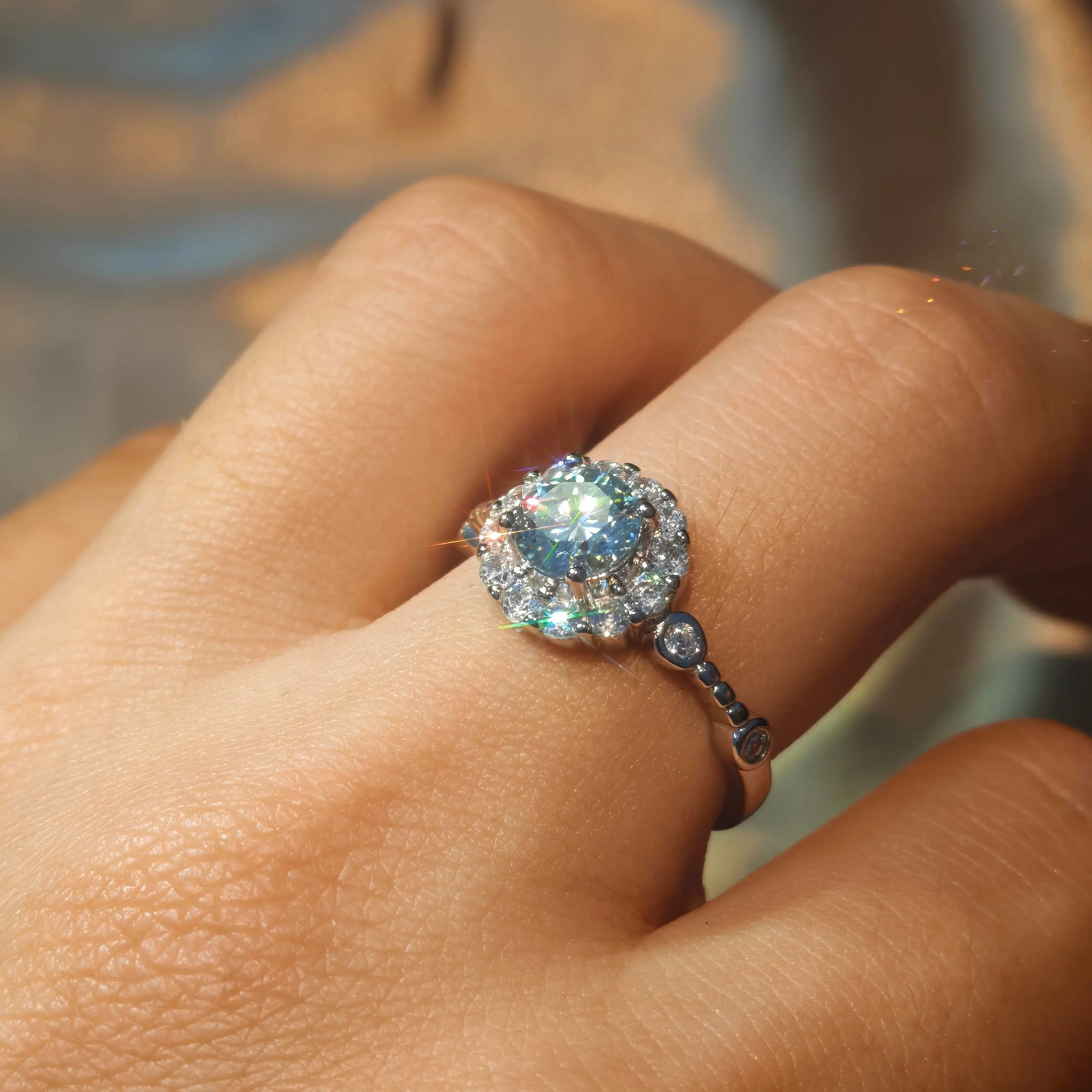 Loveden Vintage Style Halo Moissanite Ring with Beaded Band | Brilliant Cut, Hypoallergenic, Ideal for Gifting