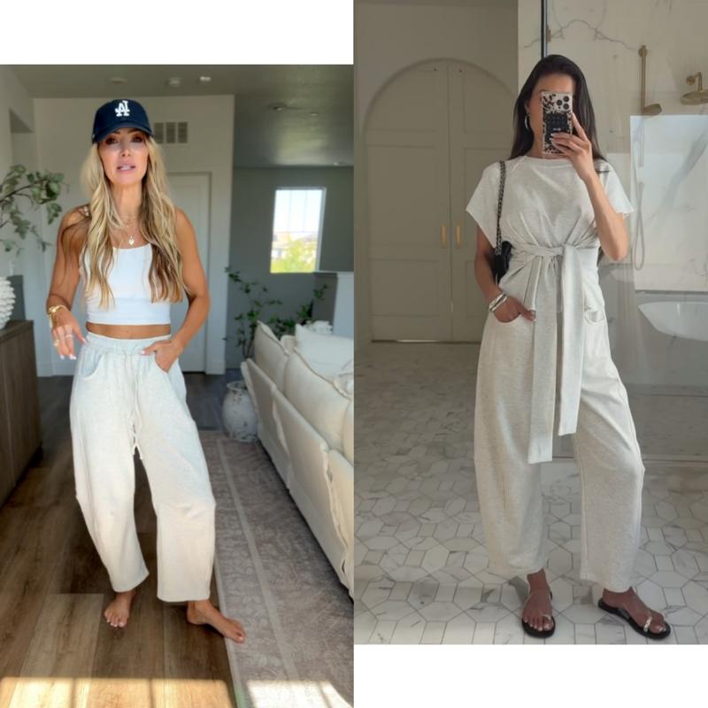 Tanming Women's Barrel Leg Pants Basic or Fleece Lined Elasticated Waist and Soft Wide Leg Pants with Pockets Casual All-Season Sweatpants